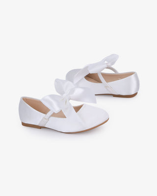 White Satin Maryjane Flats with Satin Bow - Side View