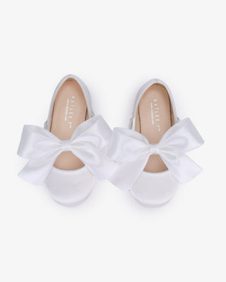 White Satin Maryjane Flats with Satin Bow - Top View
