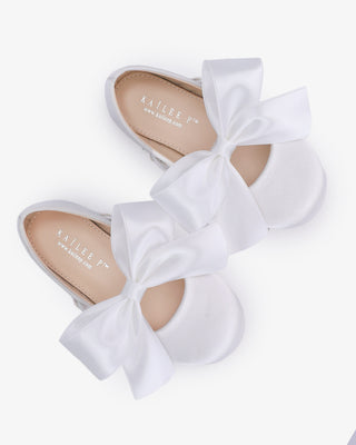 White Satin Maryjane Flats with Satin Bow - Close-Up