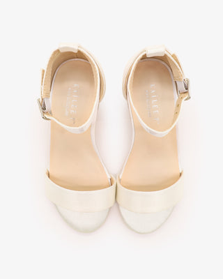 Ivory Satin Girls Block Heel Sandals with Ankle Strap
