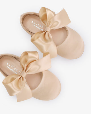 Champagne Satin Mary Jane Flats with Satin Bow - Close-Up