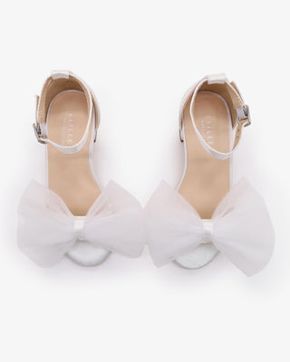 White Satin Block Heel Flower Girls Sandal with Front Oversized Tulle Bow