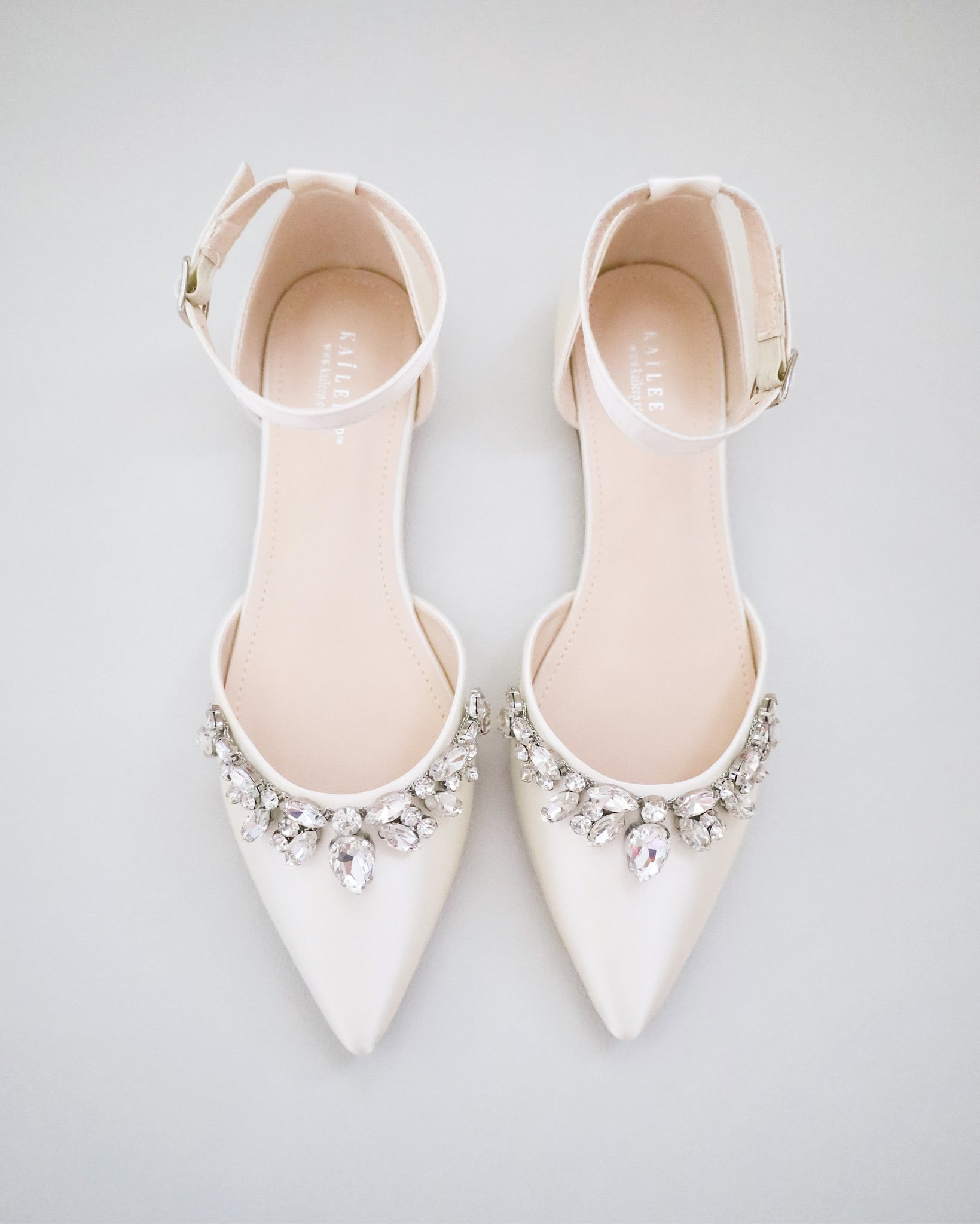 Ivory Satin Pointy Toe Flats with Teardrop Rhinestones