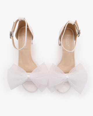 White Satin Block Heel Wedding Sandal with Front Oversized Tulle Bow