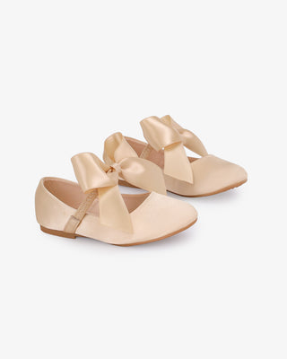 Champagne Satin Mary Jane Flats with Satin Bow - Side View
