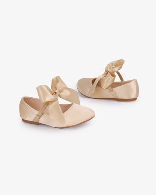 Champagne Satin Mary Jane Flats with Satin Bow - Side View