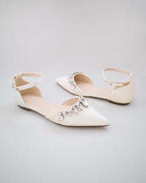 Satin Pointy Toe Flats with Teardrop Rhinestones Embellishments