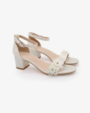 Satin Girls Block Heel Wedding Sandals with Flower Appliques