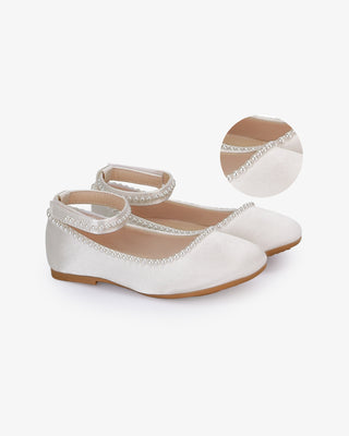 Ivory Girls Satin Flats with Mini Pearls - Side View