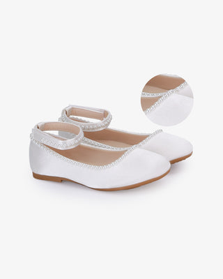 White Girls Satin Flats with Mini Pearls - Side View