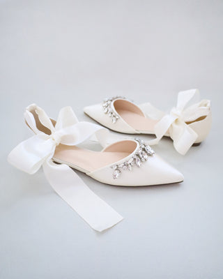 Satin Pointy Toe Flats with Teardrop Rhinestones EmbellishmentsWomen Shoes