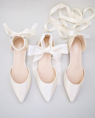 Satin Pointy Toe Bridal Flats with Ribbon Tie or Pearls Strap