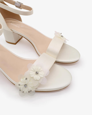 Ivory Satin Block Heel Wedding Sandals with Flower Appliques