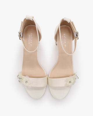 Ivory Satin Block Heel Wedding Sandals with Flower Appliques