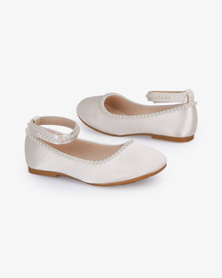 Ivory Girls Satin Flats with Mini Pearls - Side View