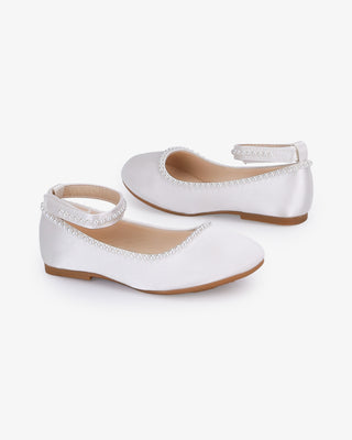 White Girls Satin Flats with Mini Pearls - Side View