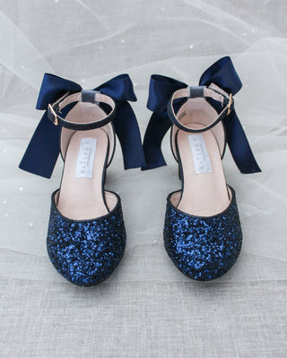 Navy Glitter Kids Block Heels with Back Bow