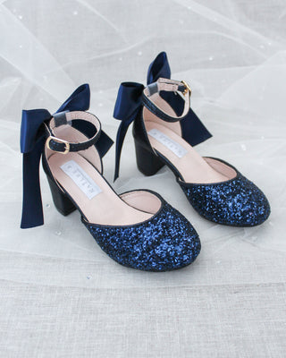 Navy Glitter Kids Block Heels with Back Bow