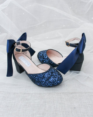 Navy Glitter Kids Block Heels with Back Bow