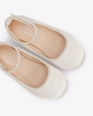 Ivory Girls Satin Flats with Mini Pearls - Close-Up