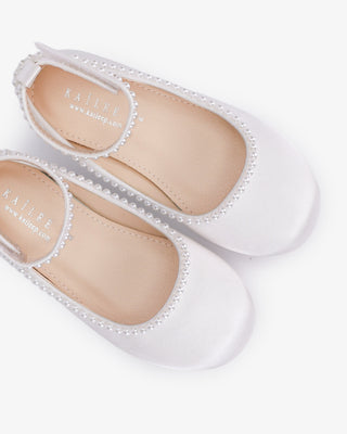 White Girls Satin Flats with Mini Pearls - Close-Up