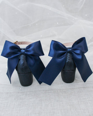 Navy Glitter Kids Block Heels with Back Bow