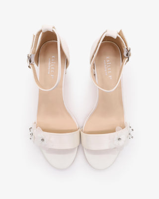 White Satin Block Heel Wedding Sandals with Flower Appliques
