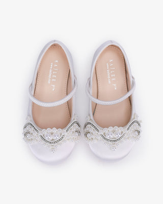 White Satin Mary Jane Flats with Small Pearls Applique - Top View
