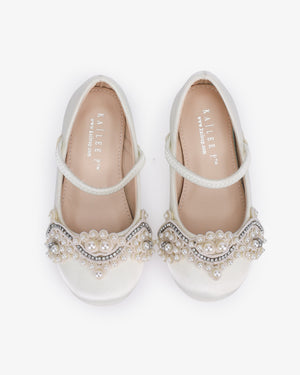 Satin Mary Jane Flats with Small Pearls Applique
