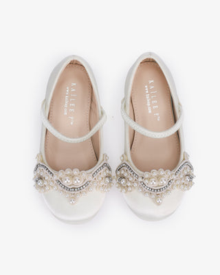 Ivory Satin Mary Jane Flats with Small Pearls Applique - Top View