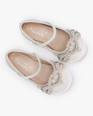 Ivory Satin Mary Jane Flats with Small Pearls Applique - Close-Up