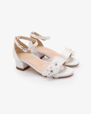White Satin Block Heel Flower Girls Sandals with Flower Appliques