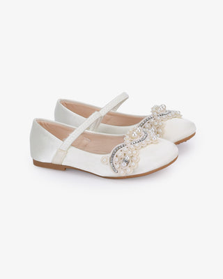 Ivory Satin Mary Jane Flats with Small Pearls Applique - Side View