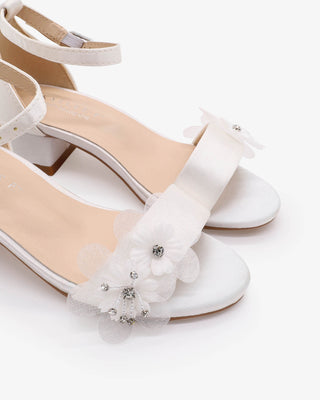 White Satin Block Heel Flower Girls Sandals with Flower Appliques