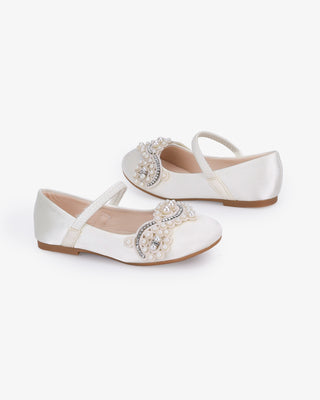 Ivory Satin Mary Jane Flats with Small Pearls Applique - Side View