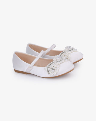 White Satin Mary Jane Flats with Small Pearls Applique - Side View