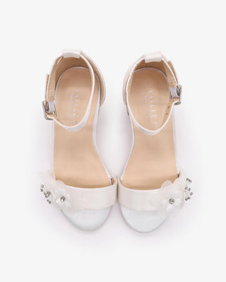 White Satin Block Heel Flower Girls Sandals with Flower Appliques