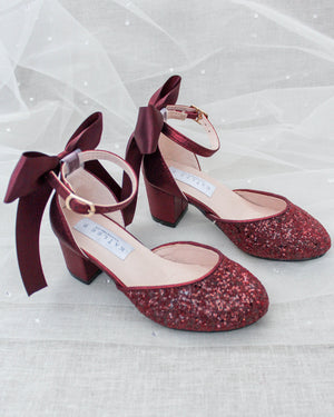 Rock Glitter Block Heel for Girls with Satin Back Bow
