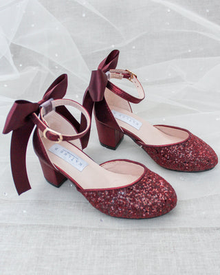 Burgundy Glitter Kids Block Heels with Back Bow