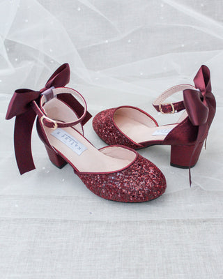 Burgundy Glitter Kids Block Heels with Back Bow