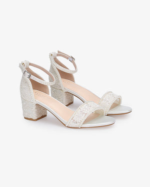 Crochet Lace Block Heel Wedding Sandals with Mini Pearls