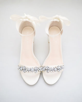 Ivory Satin Block Heel Sandals with Floral Rhinestones