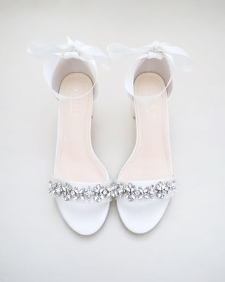 Satin Block Heel Sandals with Floral Rhinestones