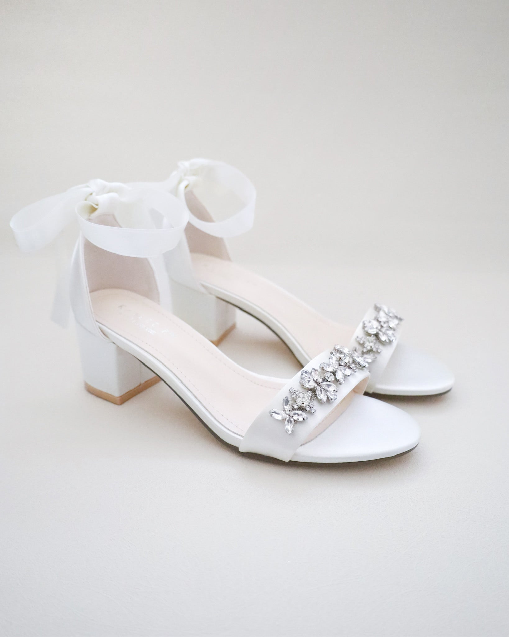 White Satin Block Heel Sandals with Floral Rhinestones, Bridal Shoes