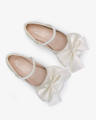 Ivory Satin Mary Jane Flats with Front Satin Bow - Close-Up