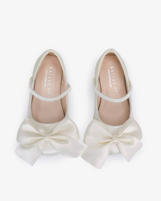Ivory Satin Mary Jane Flats with Front Satin Bow - Top View