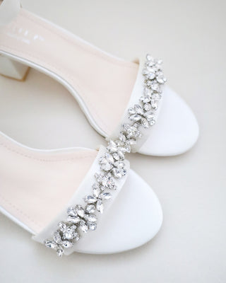 Satin Block Heel Sandals with Floral Rhinestones