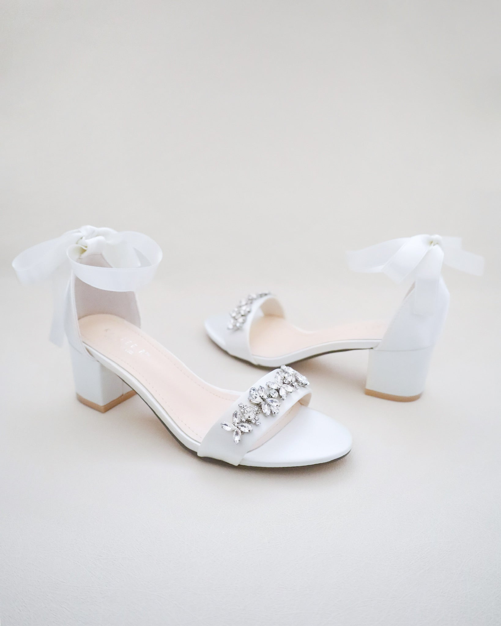 White Satin Block Heel Sandals with Floral Rhinestones Bridal Shoes