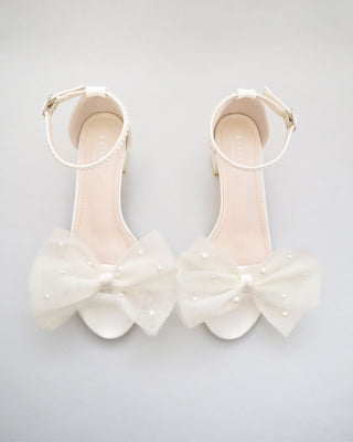 Satin Block Heel Sandal with Front Oversized Tulle Bow and Scattered Pearls