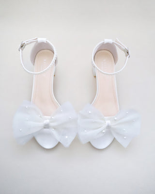 Satin Block Heel Sandal with Front Oversized Tulle Bow and Scattered Pearls